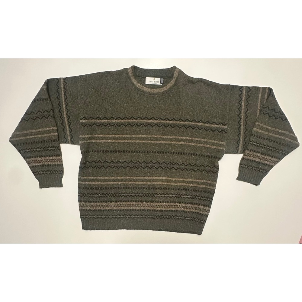 Bill Blass Menswear Vintage Geometric Striped Crewneck Sweater Green Large L